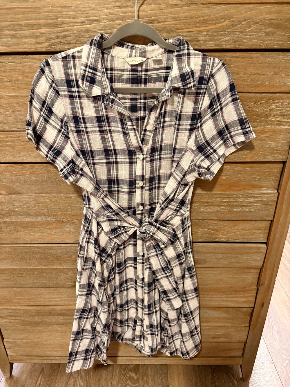 Plaid Button-Front Tie-Waist Dress in Navy and White
